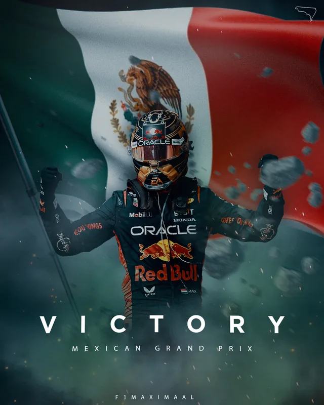 Affiche «&nbsp;Victory&nbsp;» : pilote de Formule 1 qui célèbre devant le drapeau mexicain